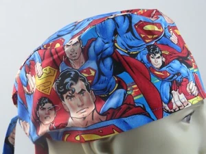 Men's scrub hat, movie super hero red and blue, Sahalee style ties in the back - Picture 1 of 4