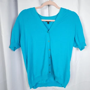 Talbots Women X Blue V-Neck Rayon Nylon Blend Short Sleeve Cardigan Sweater - Picture 1 of 7