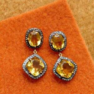 Solid Silver Yellow Lemon Citrine & Diamond, Drop/Dangle Fashion Earring JKE-597