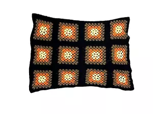 Manta Vintage Hecha a Mano Retro Abuela Cuadrada Crochet Edredón Negro Naranja - Imagen 1 de 6
