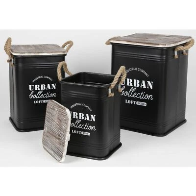 3er Set Sitztonnen Metall Hocker Deckel Dekoration Box Aufbewahrung Gäste Garten - Bild 1 von 2