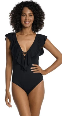 NWT La Blanca Island Goddess Plunge Tummy Control One Piece Swim Womens 6 Black - Image 1 of 4