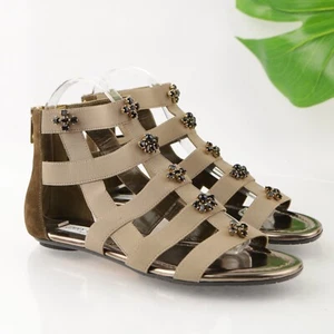 JIMMY CHOO Women's Myriad Sandal Size 37 7 Flat Gladiator Elastic Embelished Tan - Picture 1 of 14