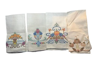 Vtg 4 Embroidered Table Linens Asian Cross Stitch Tea Cloth Napkins - Picture 1 of 6