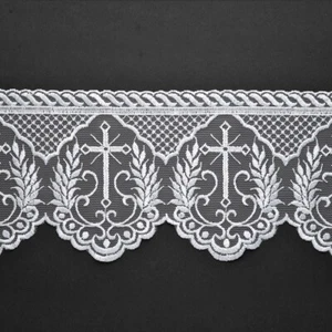 2-Yards White Embroidered Tulle Cross Church lace Trim, 4-3/4 Inch, TR-12224 - Picture 1 of 3