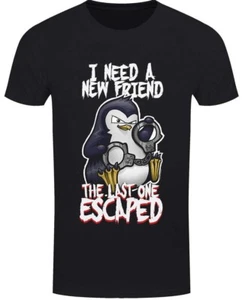 I Need A New Friend The Last One Escaped - Black T-Shirt, Bird, Psycho Penguin - Picture 1 of 4