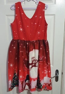 Christmas Flare Red Dress With Santa And Sleigh On, Size L - Picture 1 of 10
