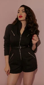 Vixen by Micheline Pitt pussycat romper playsuit shorts black BNWT size L - Picture 1 of 5