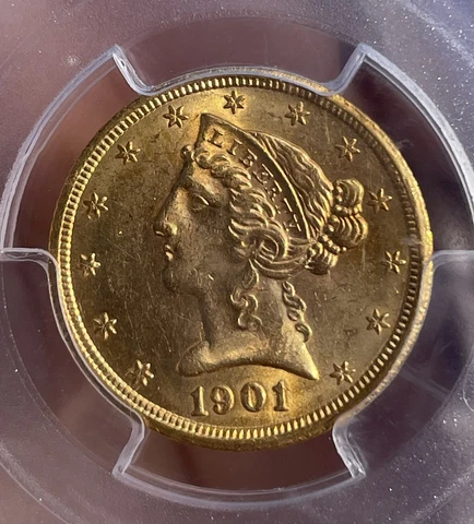 Nice 1901/0-S Gold $5 ~ Half Eagle ~ MS62 ~ PCGS ~ Great Luster Appeal Cover