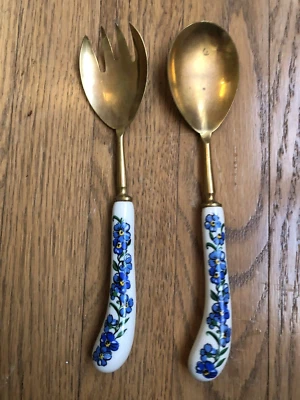 VINTAGE SERVING FORK & SPOON BRASS W/ PORCELAIN HANDLES Blue FLORAL GERMANY - Image 1 of 4