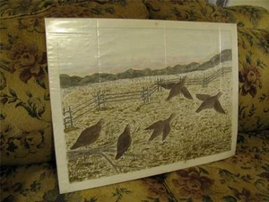 Original Outsider Art Oil Painting Fence Line Grouse Birds, Millikin - Picture 1 of 1