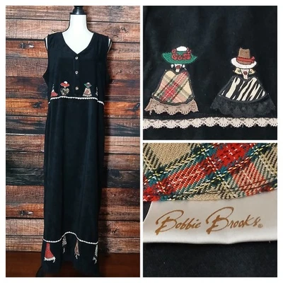 Bobbie Brooks Maxi Jumper Dress Size L Overall Faux Suede Black Vintage Patch - Image 1 of 4