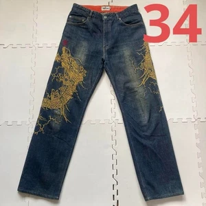 Karakuri Tamashii Men's Denim Jeans Pants Dragon Embroidered Blue Size 34 Japan - Picture 1 of 10