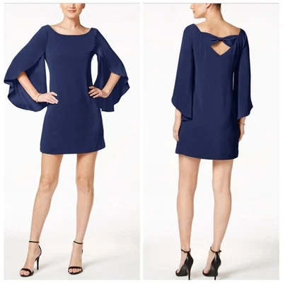 Jessica Simpson Bow-Back Flutter-Sleeve Dress 8 Blue Party Wedding Event - Image 1 of 4