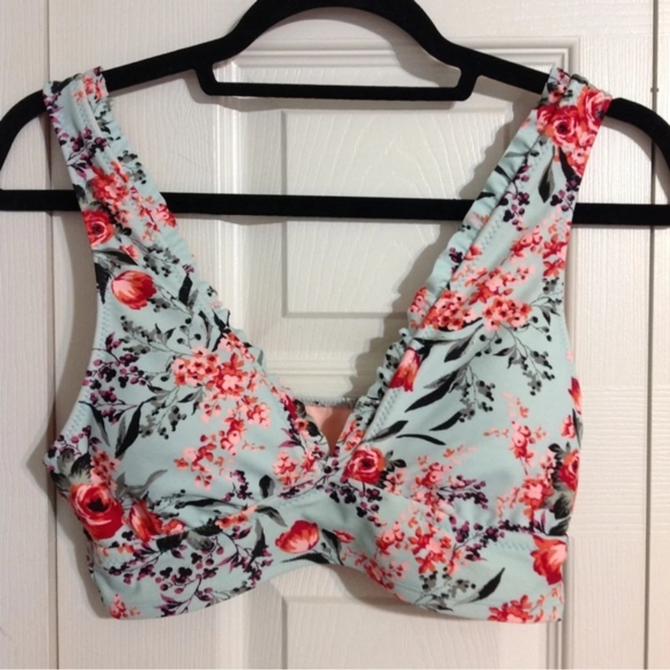MOSSIMO Size Medium Mint Green Pink Floral Ruffle Bikini Top Lined Padding Stret - Image 1 of 4