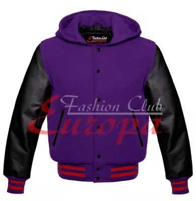 Sudadera con capucha de lana unisex con mangas de cuero negro real Letterman College Varsity XS-7XL Foto 1 de 4