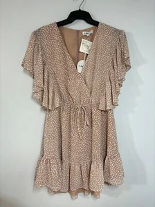 MACARON BLUSH PINK FLOWY BUTTERFLY SLEEVE VNECK DRAWSTRING WAIST DRESS SIZE L - Picture 1 of 9