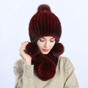 Momen's Real Mink Fur Hat + Real Mink Fur scarf Knitted Beanies Elastic Ski Cap