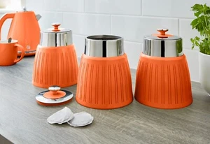 Retro 3Pc Orange Canister Set Chrome Airtight Lid Lock Storage Tea Coffee Sugar - Picture 1 of 4