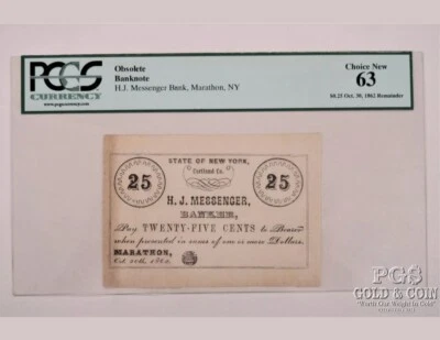 Rare 1862 US$0.25 HJ Messenger Bank, Marathon NY Obsolete Banknote EPQ63 - Image 1 of 2