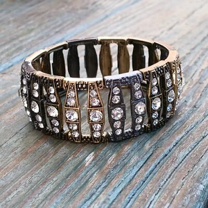 NWOT Erica Lyons Tri Color Link Gold Black Silver Stretch Rhinestones Bracelet  - Picture 1 of 10