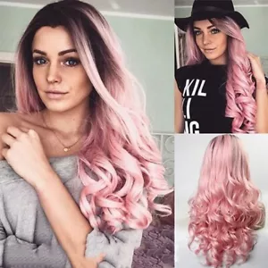 26" Pink Natural Long Wavy Full Wigs Cosplay Party Synthetic Wig Heat Resistant - Picture 1 of 4