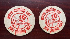 Vintage (2) NY Yankees Schaefer Beer Coasters We’re Coming On! Original 1970’s - Picture 1 of 6