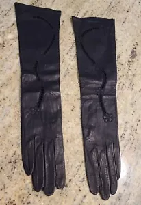 New? Vintage Size M Black Kid Leather Formal 15.5" Long Gloves Peekaboo Flower - Picture 1 of 14