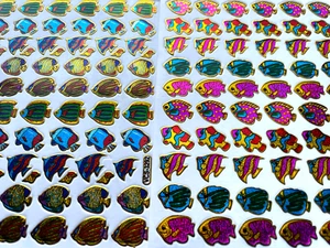 TROPISCHE FISCHE AUFKLEBER x 2 Bögen * HELLE METALLIC FARBEN * rosa/blau/gelb - Bild 1 von 4