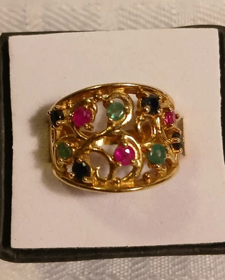 Anillo ROSS SIMONS 925 Chapado en Oro Vermeil Esmeralda Rubí Zafiro Talla 6.75 Foto 1 de 4