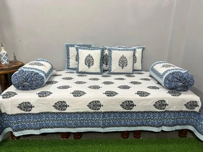 Indian Hand Printed Pure Cotton Fabric Diwan Set New Bed Cover Bedsheet Blanket - Image 1 of 2