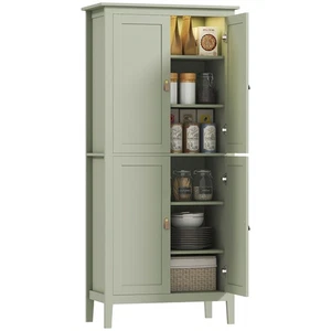 HOMCOM 176.5cm Tall Freestanding Pantry Storage Cabinet 4 Door with LED Light - Picture 1 of 11