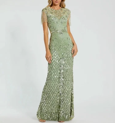 $698 Mac Duggal High Neck Beaded Sequin Fringe Sage Green Gown Dress 4908 Size 4 - Image 1 of 4