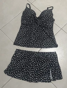 Women Size 14 ISLAND ESCAPE 2-Piece Tankini Swimsuit Black with White Polka Dots - Picture 1 of 2