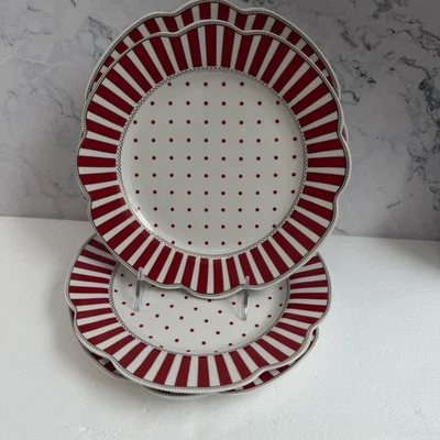 Grace Teaware 9.25” Red and White Striped Small Dinner Salad Plate Set of 4 NEW - Image 1 of 4