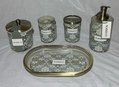 William Morris & Co ~ Juego de tocador de baño ~ 5 piezas ~ azul cielo con adornos de bronce Foto 1 de 4