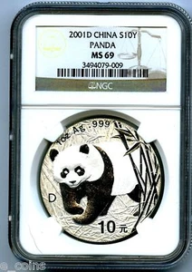 2001 D 1 OZ SILVER CHINA PANDA 10 YN NGC MS69 PROOF LIKE .999 FINE S10Y CHINESE - Picture 1 of 2