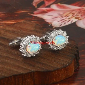 Natural Fire Opal Gemstone With 18K White Gold Plated Silver Cufflinks #1317 - Picture 1 of 11
