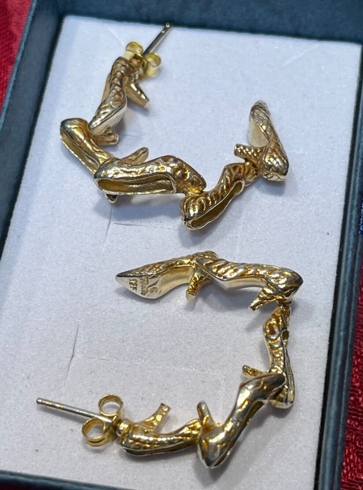 Brincos vintage raros de prata esterlina 925 ouro 18K lavagem chuva salto alto aro J - Imagem 1 de 4