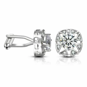 Men's Wedding 14k White Gold Over Round Cut 935 Silver CZ Shirt French Cufflinks - Picture 1 of 8