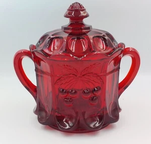 Vintage MOSSER Ruby Red Covered Glass Canister / Cookie Jar Cherries Pattern - Picture 1 of 13