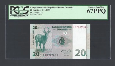 Congo Democratic Republic 20 Centimes 1-11-1997 P83a Uncirculated Grade 67 - Image 1 of 2