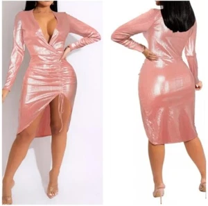 Fashion Club Party Women Long Sleeves V Neck Side Slit Patchwork Midi Dress - Picture 1 of 9