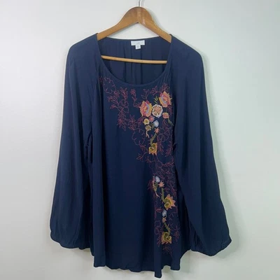 J.Jill темно-синий вышитый богемное блузка 3 X крестьянский верхний цветочный длинным рукавом - Изображение 1 из 4