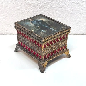 Vintage Degas Jewelry Ornate Trinket Box Hinged Lid Silk cloth Florentine Metal - Picture 1 of 10