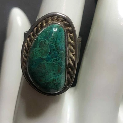 7020 VNTG Oxidized patina Sterling 925 Turquoise framed ring sz 7  12.5grams - Изображение 1 из 4