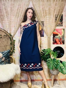 Vintage 60er Etuikleid One Shoulder Retro Blumen Jakobsmuschelborte blau Gr. 16 - Bild 1 von 7