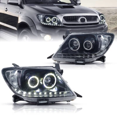 Fits For Toyota Hilux 2005-2011 Head lights Angel Eyes Black LED Projector - image 1 of 4