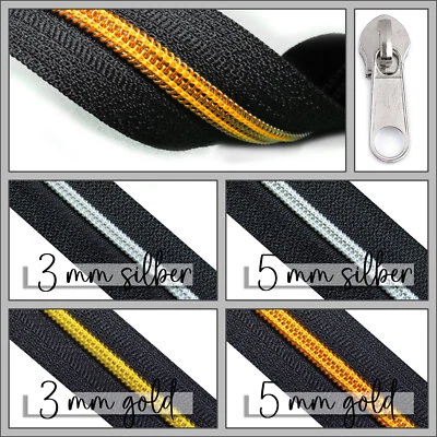 MARKENLOS Reißverschluss endlos schwarz gold silber rose 3 mm, 5 mm +2 Zipper Meterware