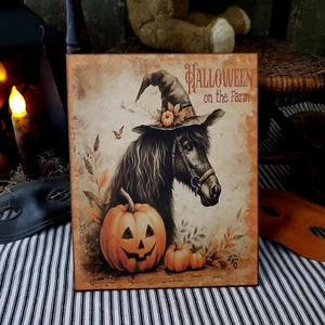 HALLOWEEN MODEL HORSE WITCH HAT PONY FARM SHABBY PRIMITIVE VINTAGE STYLE SIGN - Picture 1 of 9